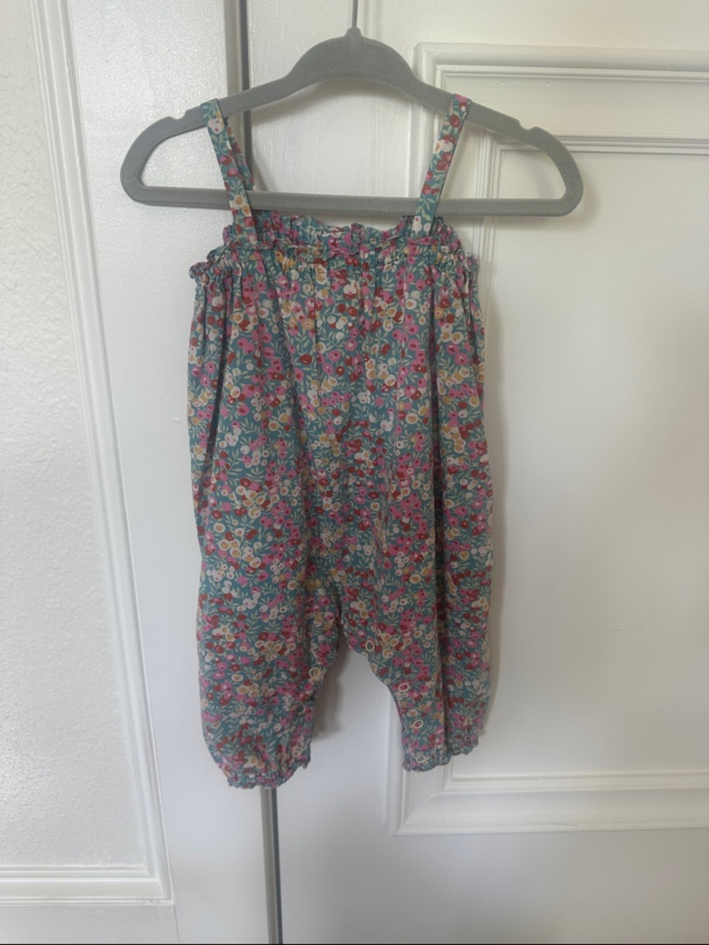 Bonpoint Teal Floral Romper with Pink Accents